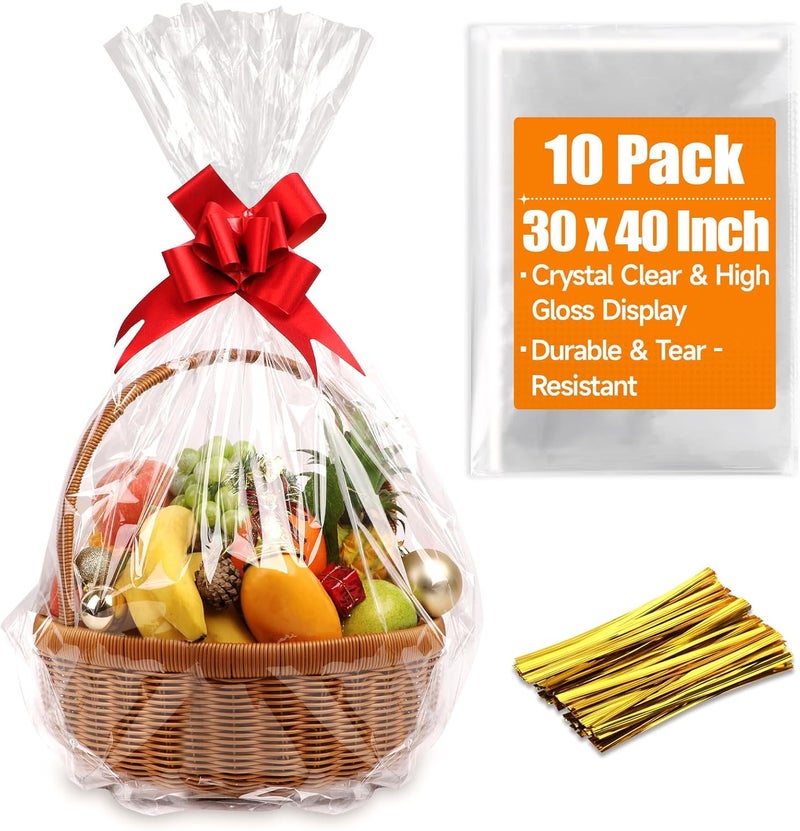 Bonison Large Cellophane Bags 30x40 Inch – 10 Pack Clear Basket Bags for Gift Baskets, Treat Bags, Party Favors, Cellophane Wrap for Large Gifts, Food Packaging, Birthday, Wedding, Holiday Supplies - Image 1